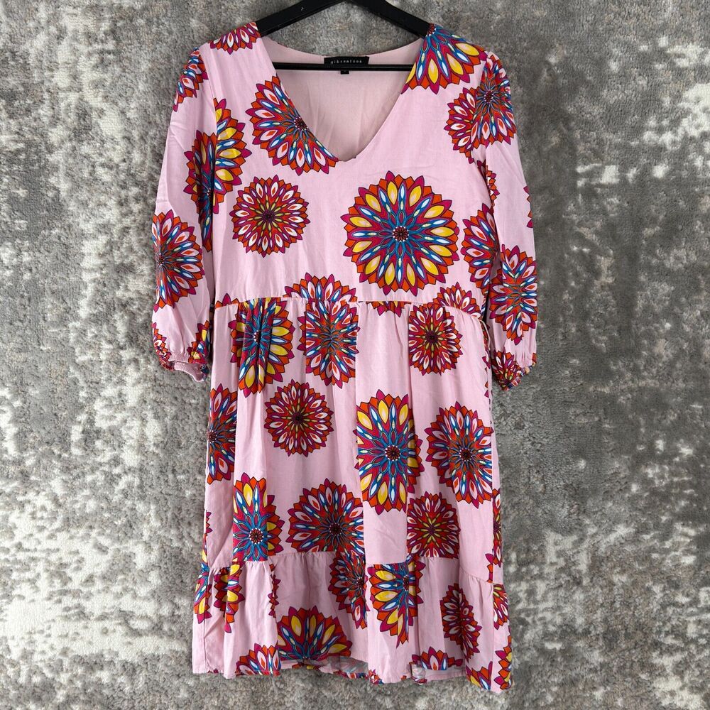 Gibsonlook Size S Geometric V Neck 3/4 Sleeve Mini Shift Dress Pullover Casual